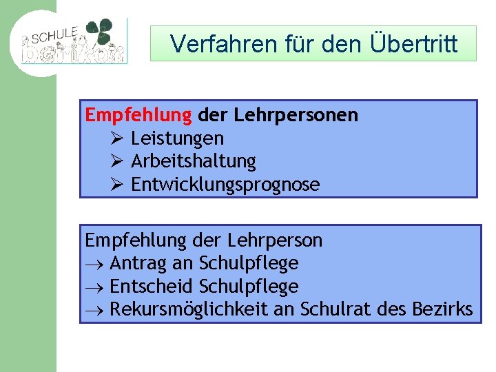 Verfahren für den Übertritt Empfehlung der Lehrpersonen Ø Leistungen Ø Arbeitshaltung Ø Entwicklungsprognose Empfehlung