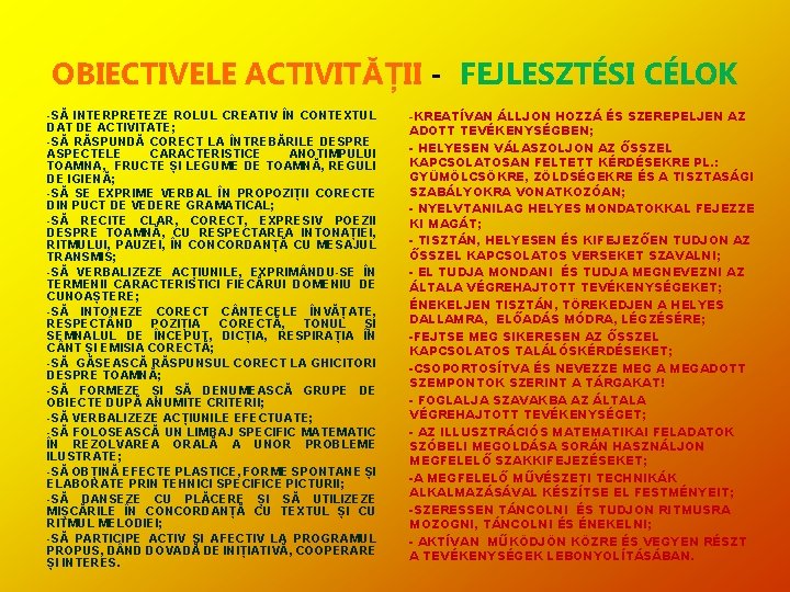 OBIECTIVELE ACTIVITĂȚII - FEJLESZTÉSI CÉLOK -SĂ INTERPRETEZE ROLUL CREATIV ÎN CONTEXTUL DAT DE ACTIVITATE; OBIECTIVELE ACTIVITĂȚII - FEJLESZTÉSI CÉLOK -SĂ INTERPRETEZE ROLUL CREATIV ÎN CONTEXTUL DAT DE ACTIVITATE;