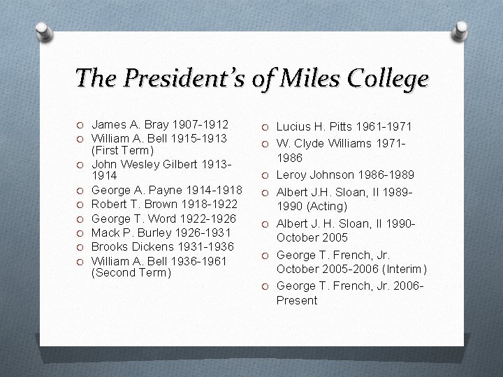 The President’s of Miles College O James A. Bray 1907 -1912 O William A.