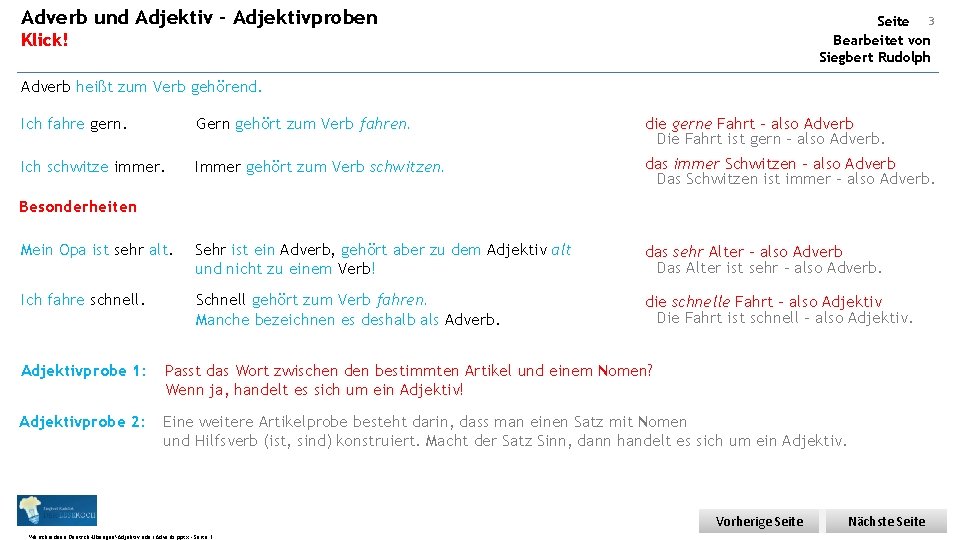 Adverb und Adjektiv - Adjektivproben Seite 3 Bearbeitet von Siegbert Rudolph Klick! Adverb heißt