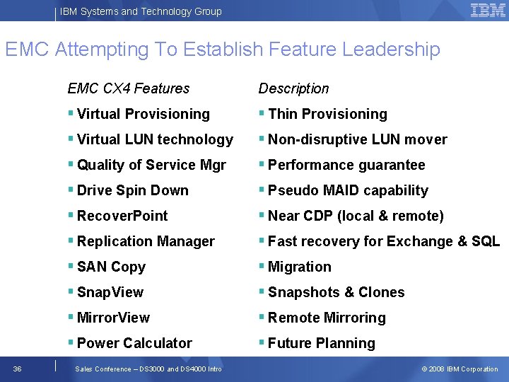IBM Systems and Technology Group EMC Attempting To Establish Feature Leadership 36 EMC CX
