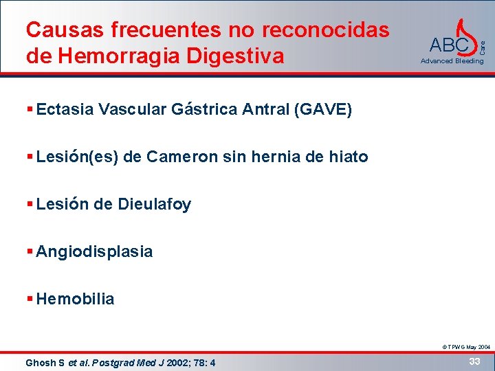 ABC Care Causas frecuentes no reconocidas de Hemorragia Digestiva Advanced Bleeding § Ectasia Vascular