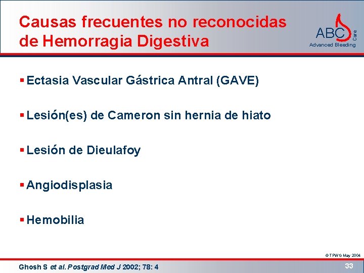 ABC Care Causas frecuentes no reconocidas de Hemorragia Digestiva Advanced Bleeding § Ectasia Vascular