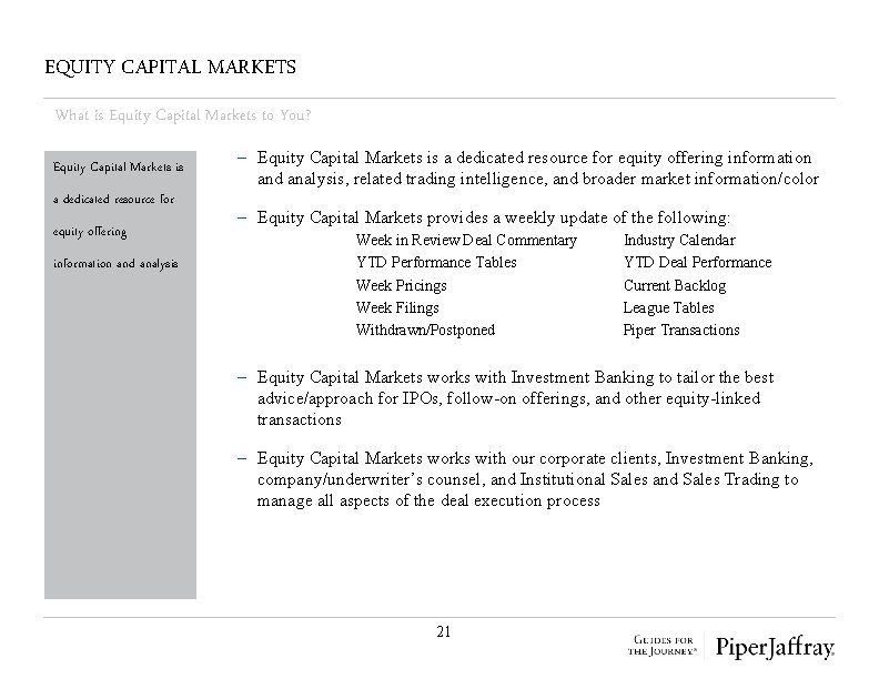 EQUITY CAPITAL MARKETS What is Equity Capital Markets to You? Equity Capital Markets is