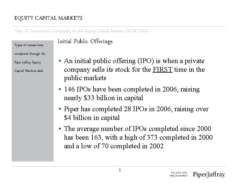 EQUITY CAPITAL MARKETS Type of Transactions Completed on the Equity Capital Markets (ECM) Desk