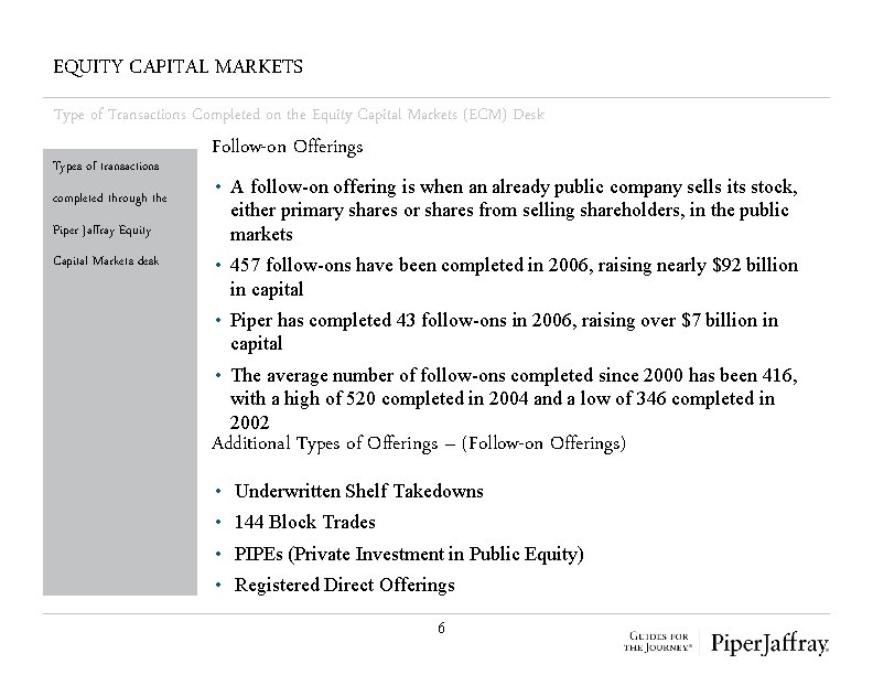 EQUITY CAPITAL MARKETS Type of Transactions Completed on the Equity Capital Markets (ECM) Desk