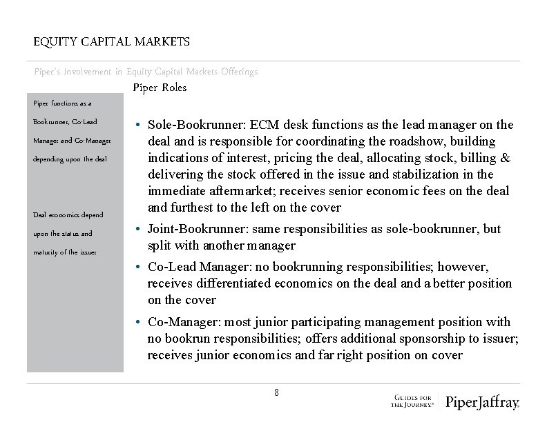 EQUITY CAPITAL MARKETS Piper’s Involvement in Equity Capital Markets Offerings Piper functions as a