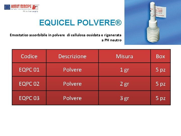 EQUICEL POLVERE® Emostatico assorbibile in polvere di cellulosa ossidata e rigenerata a PH neutro