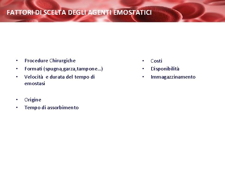 FATTORI DI SCELTA DEGLI AGENTI EMOSTATICI • • • Procedure Chirurgiche Formati (spugna, garza,