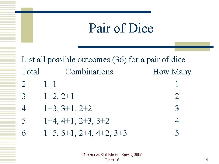 Pair of Dice List all possible outcomes (36) for a pair of dice. Total