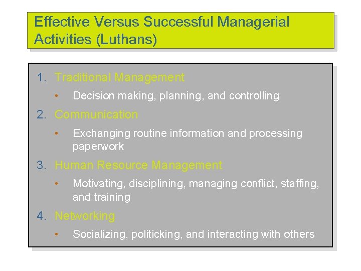 Effective Versus Successful Managerial Activities (Luthans) 1. Traditional Management • Decision making, planning, and