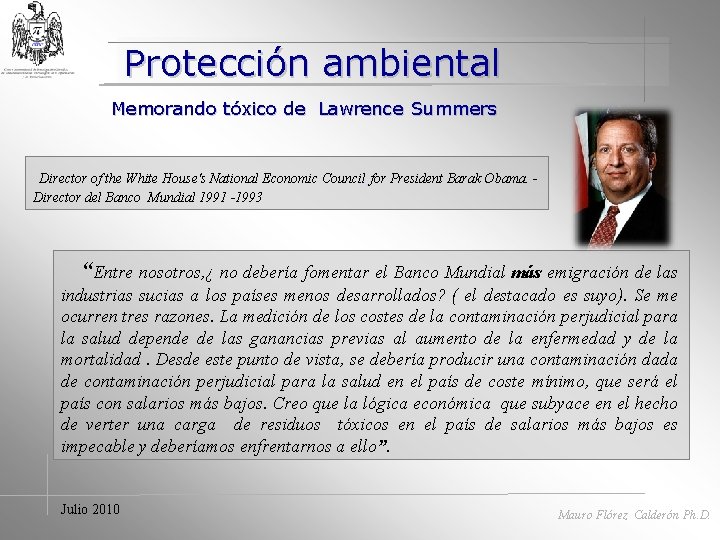 Protección ambiental Memorando tóxico de Lawrence Summers Director of the White House's National Economic