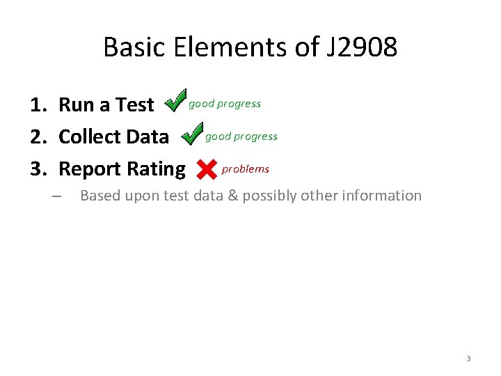 Basic Elements of J 2908 good progress 1. Run a Test good progress 2.