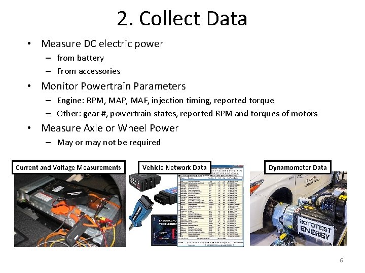2. Collect Data • Measure DC electric power – from battery – From accessories