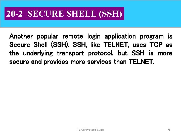 20 -2 SECURE SHELL (SSH) Another popular remote login application program is Secure Shell