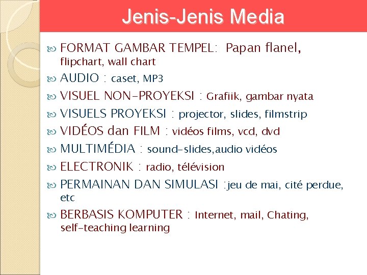 Jenis-Jenis Media FORMAT GAMBAR TEMPEL: Papan flanel, AUDIO : caset, MP 3 VISUEL NON-PROYEKSI