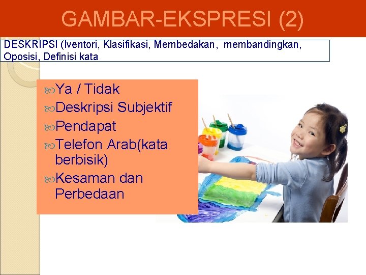 GAMBAR-EKSPRESI (2) DESKRIPSI (Iventori, Klasifikasi, Membedakan, membandingkan, Oposisi, Definisi kata Ya / Tidak Deskripsi