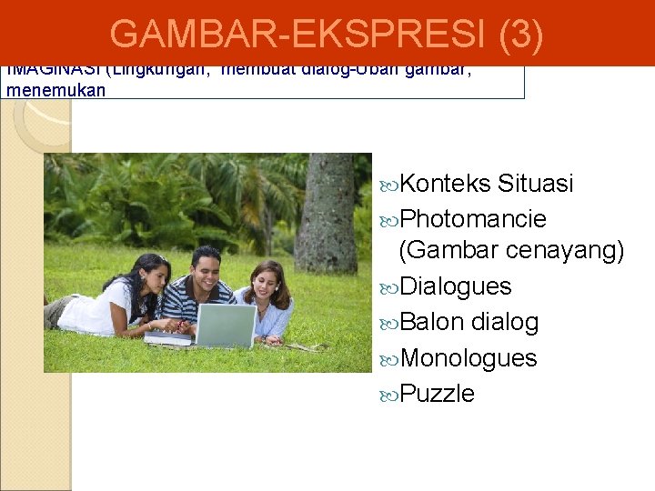 GAMBAR-EKSPRESI (3) IMAGINASI (Lingkungan, membuat dialog-Ubah gambar, menemukan Konteks Situasi Photomancie (Gambar cenayang) Dialogues