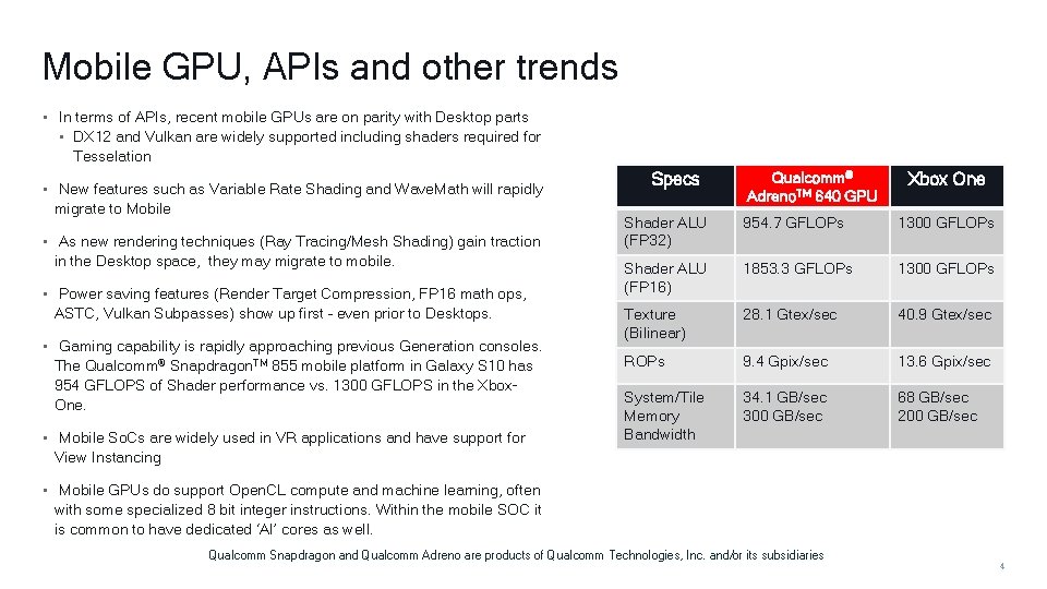 Mobile GPU, APIs and other trends • In terms of APIs, recent mobile GPUs