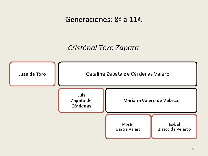Generaciones: 8ª a 11ª. Cristóbal Toro Zapata Juan de Toro Catalina Zapata de Cárdenas