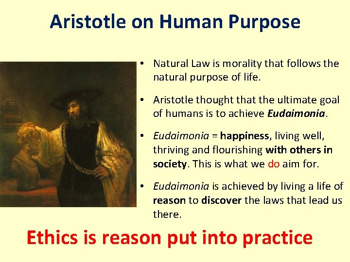 Aristotle on Human Purpose • Natural Law is morality that follows the natural purpose