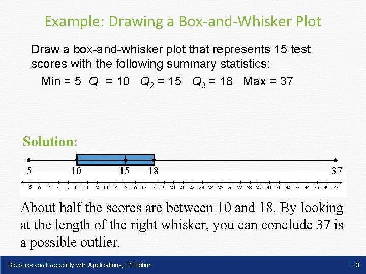 Example: Drawing a Box-and-Whisker Plot Draw a box-and-whisker plot that represents 15 test scores