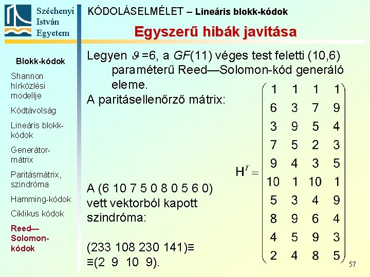 Széchenyi István Egyetem Blokk-kódok Shannon hírközlési modellje Kódtávolság KÓDOLÁSELMÉLET – Lineáris blokk-kódok Egyszerű hibák