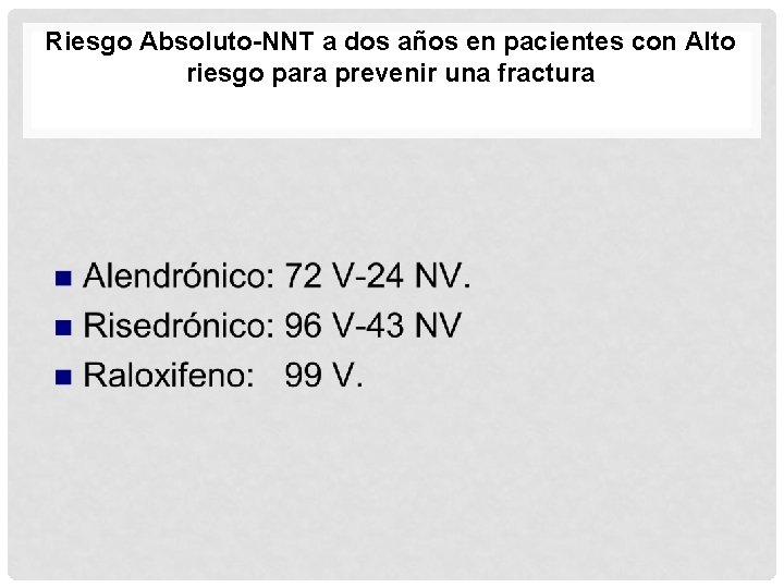 Riesgo Absoluto-NNT a dos años en pacientes con Alto riesgo para prevenir una fractura