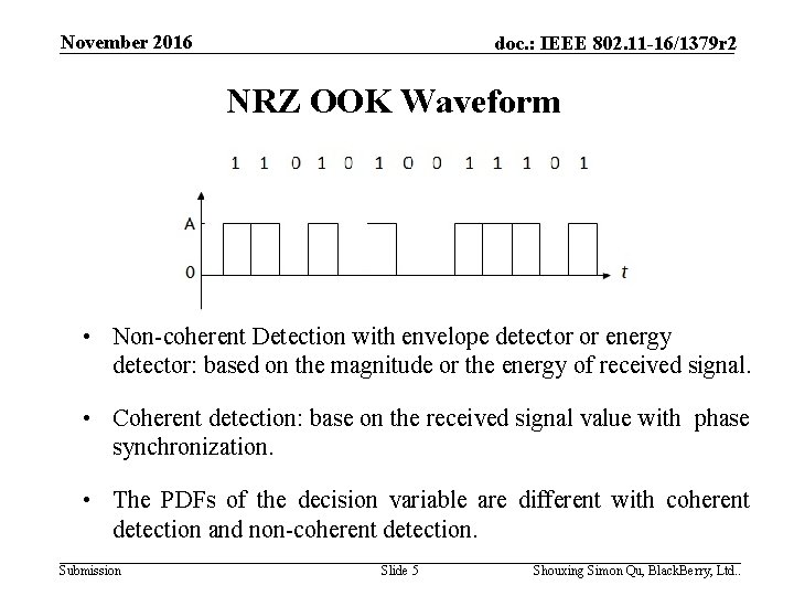 November 2016 doc. : IEEE 802. 11 -16/1379 r 2 NRZ OOK Waveform •