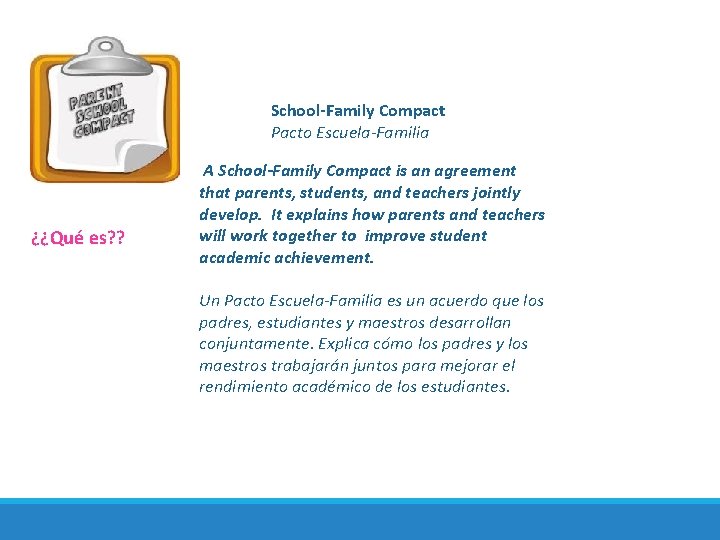 ¿¿Qué es? ? School-Family Compact Pacto Escuela-Familia A School-Family Compact is an agreement that