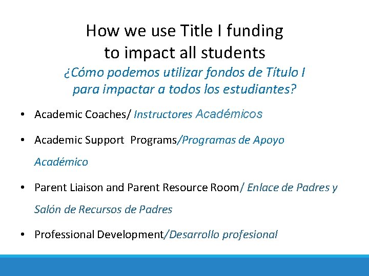 How we use Title I funding to impact all students ¿Cómo podemos utilizar fondos