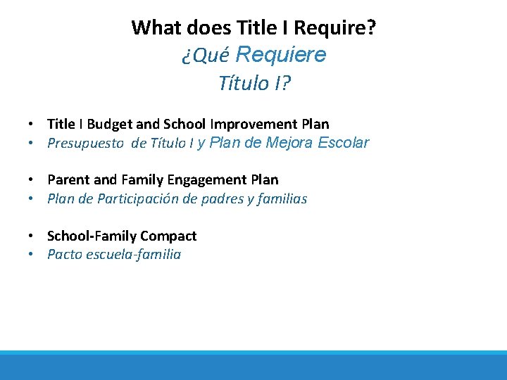 What does Title I Require? ¿Qué Requiere Título I? • Title I Budget and