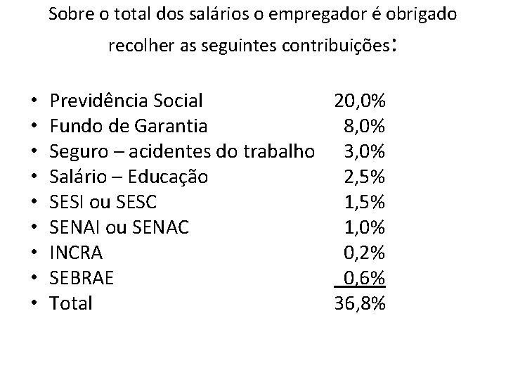 Sobre o total dos salários o empregador é obrigado recolher as seguintes contribuições: •