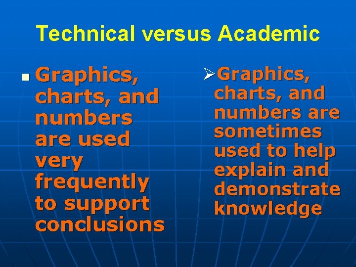 Technical versus Academic n Graphics, charts, and numbers are used very frequently to support