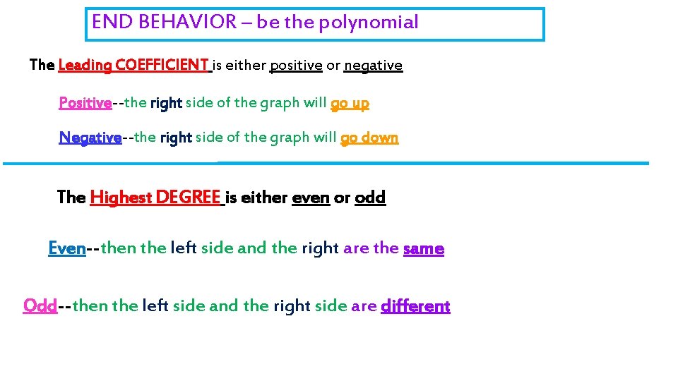 END BEHAVIOR – be the polynomial The Leading COEFFICIENT is either positive or negative