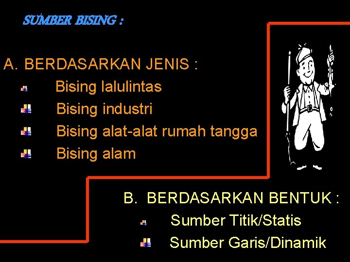 SUMBER BISING : A. BERDASARKAN JENIS : Bising lalulintas Bising industri Bising alat-alat rumah
