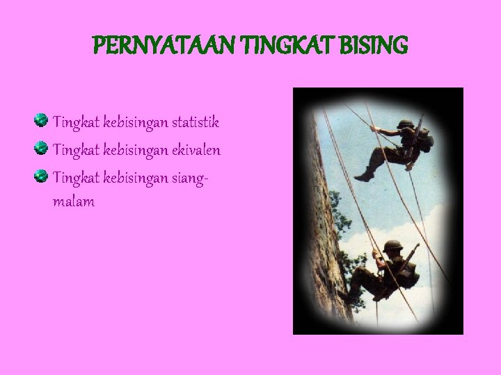 PERNYATAAN TINGKAT BISING Tingkat kebisingan statistik Tingkat kebisingan ekivalen Tingkat kebisingan siangmalam 