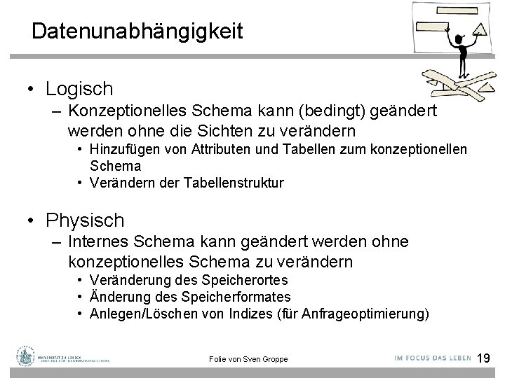 Datenunabhängigkeit • Logisch – Konzeptionelles Schema kann (bedingt) geändert werden ohne die Sichten zu