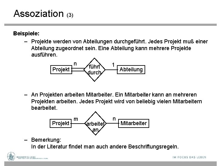 Assoziation (3) Beispiele: – Projekte werden von Abteilungen durchgeführt. Jedes Projekt muß einer Abteilung