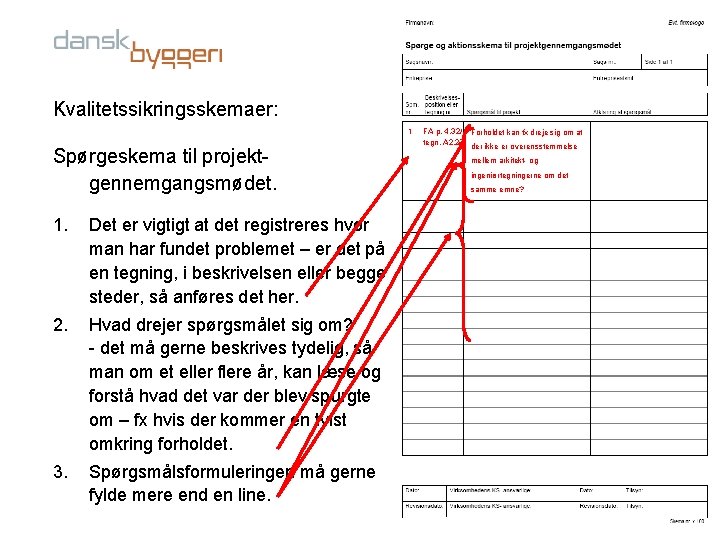 Kvalitetssikringsskemaer: 1 Spørgeskema til projektgennemgangsmødet. 1. Det er vigtigt at det registreres hvor man