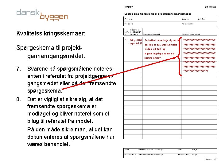 Kvalitetssikringsskemaer: 1 Spørgeskema til projektgennemgangsmødet. FA p. 4. 32/ Forholdet kan fx dreje sig