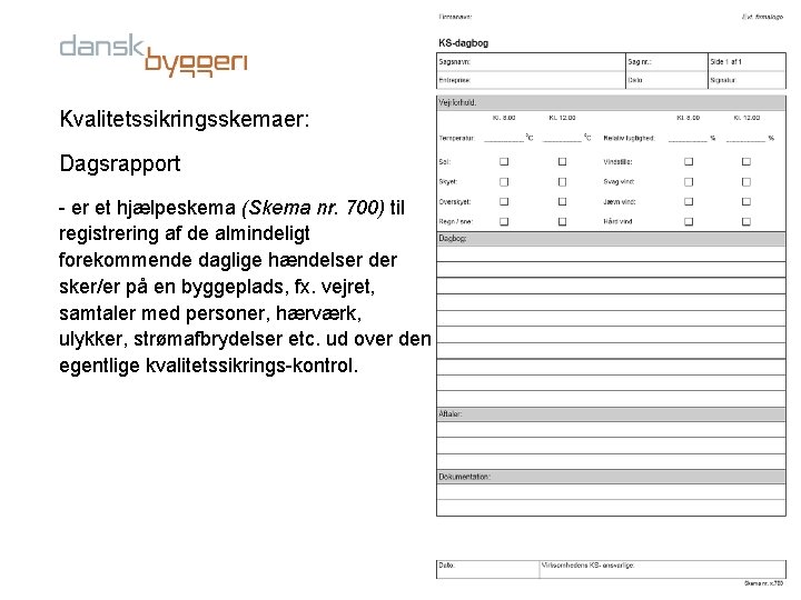 Kvalitetssikringsskemaer: Dagsrapport - er et hjælpeskema (Skema nr. 700) til registrering af de almindeligt