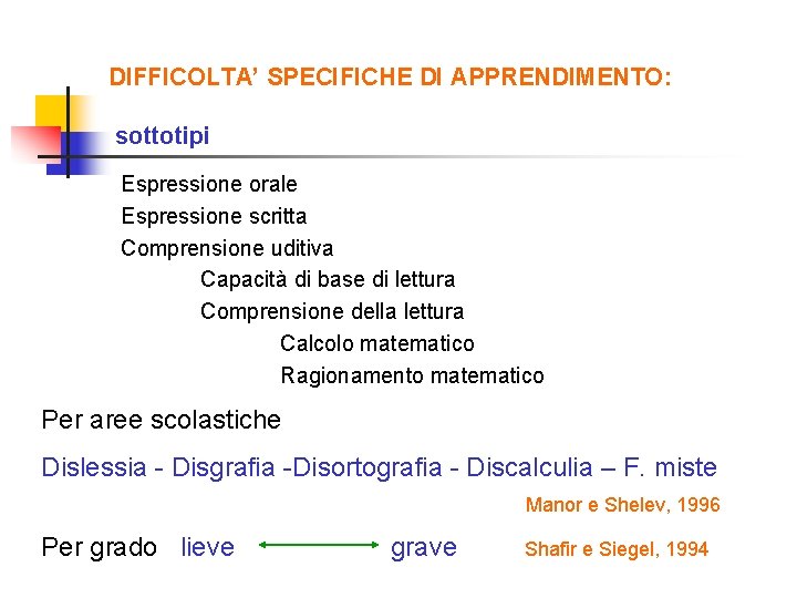 DIFFICOLTA’ SPECIFICHE DI APPRENDIMENTO: sottotipi Espressione orale Espressione scritta Comprensione uditiva Capacità di base