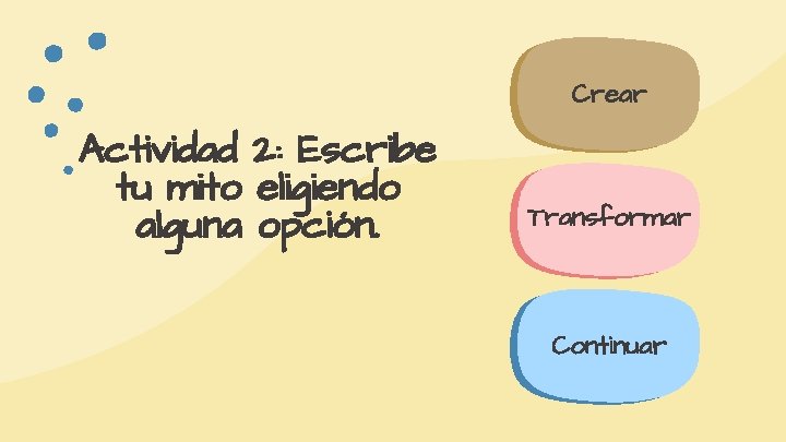 Crear Actividad 2: Escribe tu mito eligiendo alguna opción. Transformar Continuar 