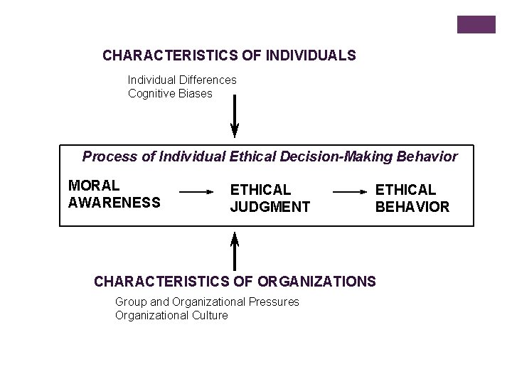 CHARACTERISTICS OF INDIVIDUALS Individual Differences Cognitive Biases Process of Individual Ethical Decision-Making Behavior MORAL