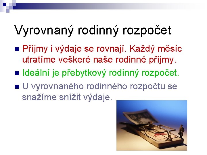 Vyrovnaný rodinný rozpočet Příjmy i výdaje se rovnají. Každý měsíc utratíme veškeré naše rodinné