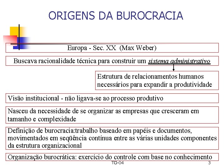 ORIGENS DA BUROCRACIA Europa - Sec. XX (Max Weber) Buscava racionalidade técnica para construir