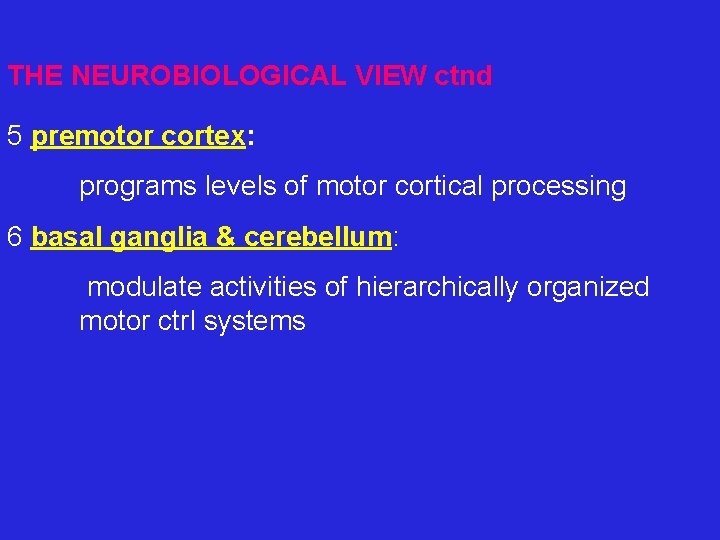THE NEUROBIOLOGICAL VIEW ctnd 5 premotor cortex: programs levels of motor cortical processing 6