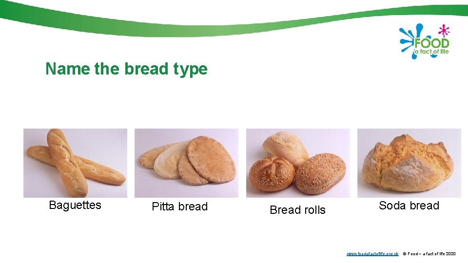 Name the bread type Baguettes Pitta bread Bread rolls Soda bread www. foodafactoflife. org.