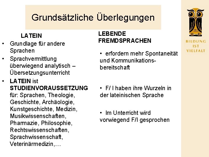 Grundsätzliche Überlegungen LATEIN • Grundlage für andere Sprachen • Sprachvermittlung überwiegend analytisch – Übersetzungsunterricht